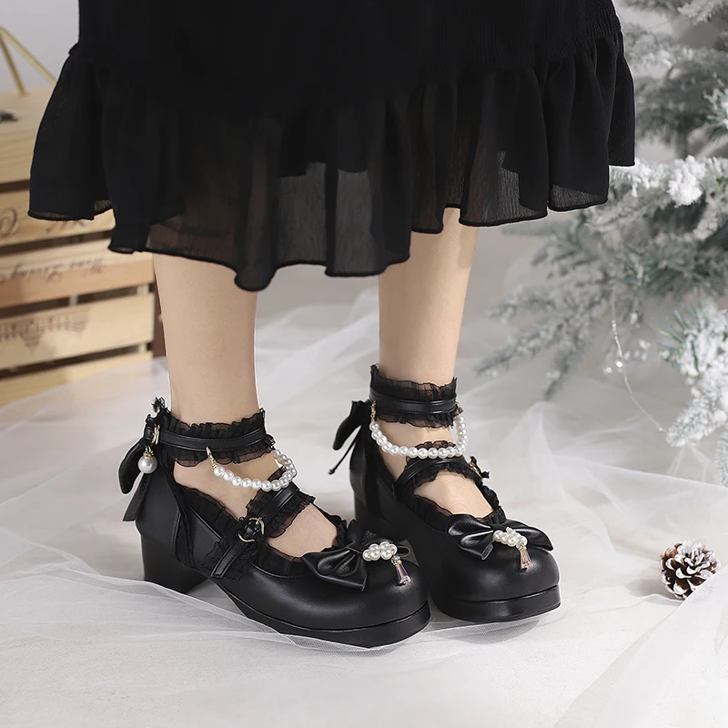 Women's Cute Lolita Shoes with Bow Bead Lace Perfect for Cosplay and Everyday Wear by Girls Who Adore Princess and Maid Costumes