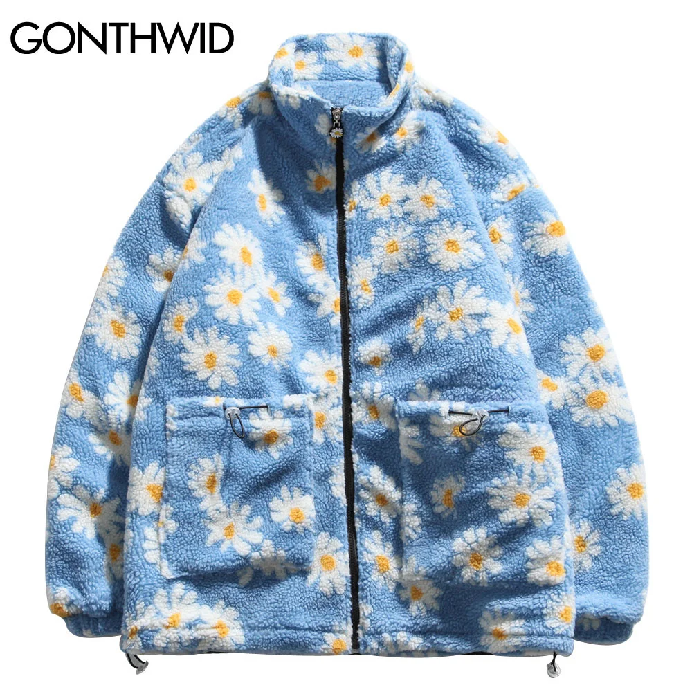 

GONTHWID Cotton Padded Thick Parkas Jackets Streetwear Hip Hop Daisy Print Fleece Warm Full Zip Coats Fashion Harajuku Outwear