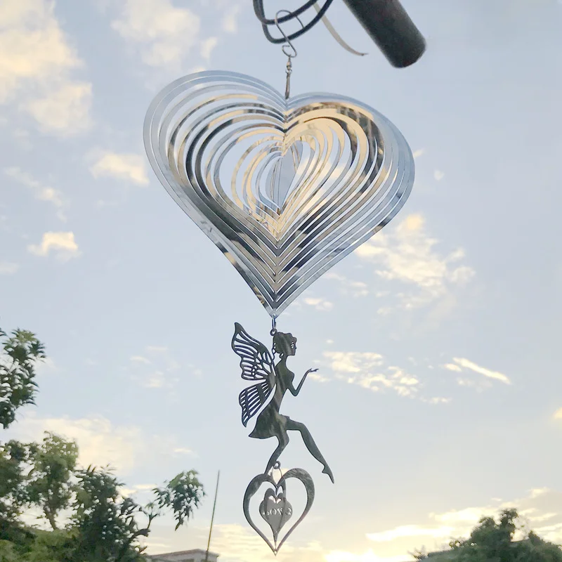 

Сердце любовь ангел колокольчик 3D из нержавеющей стали зеркальный Серебряный ветер вращающийся сад уличный интерьер балкон подвесное украшение для дома