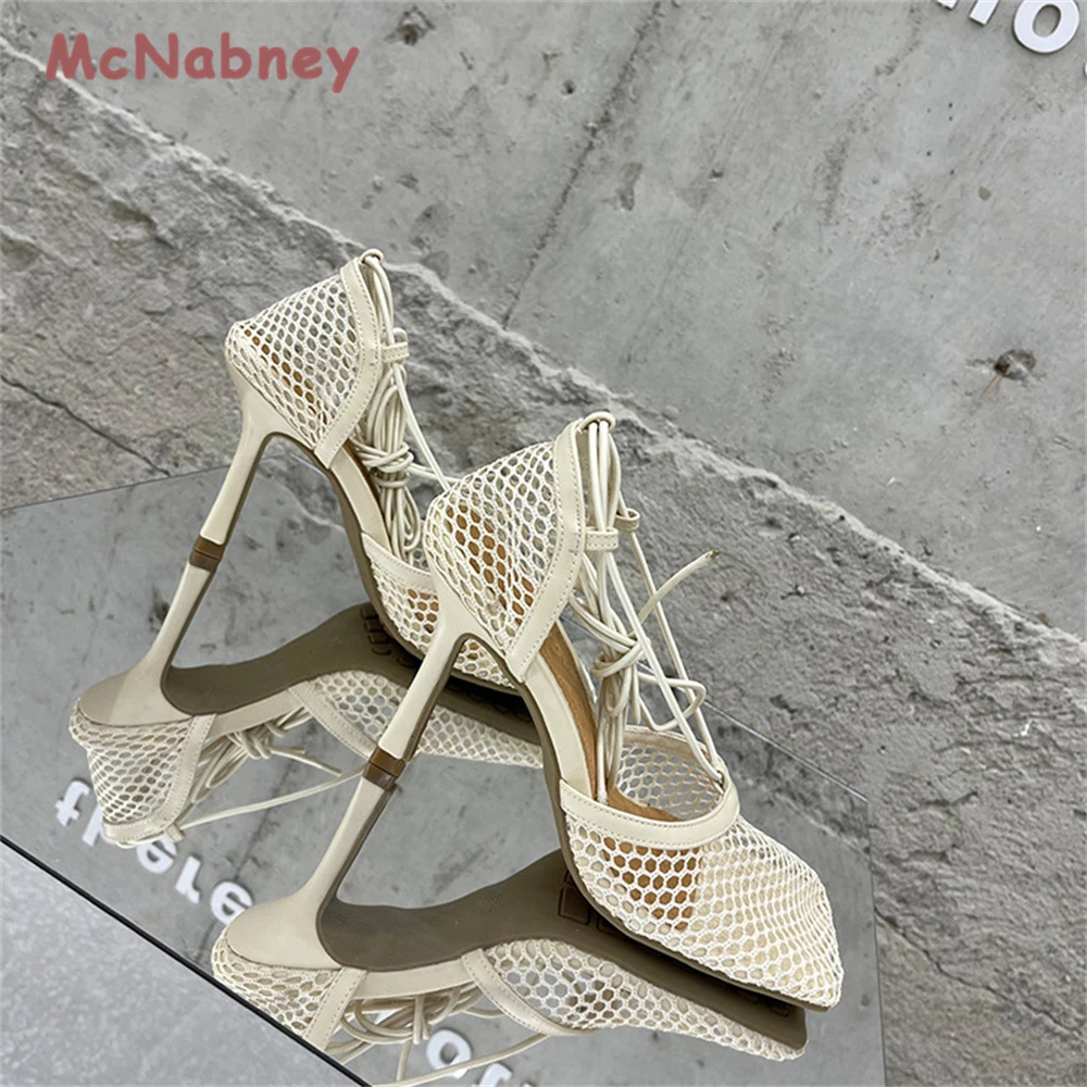2023 New Sexy Mesh Pumps Sandals Female Square Toe High Heel Lace Up Cross-Tied Stiletto Hollow Shoes Fashion Breathable Sandals