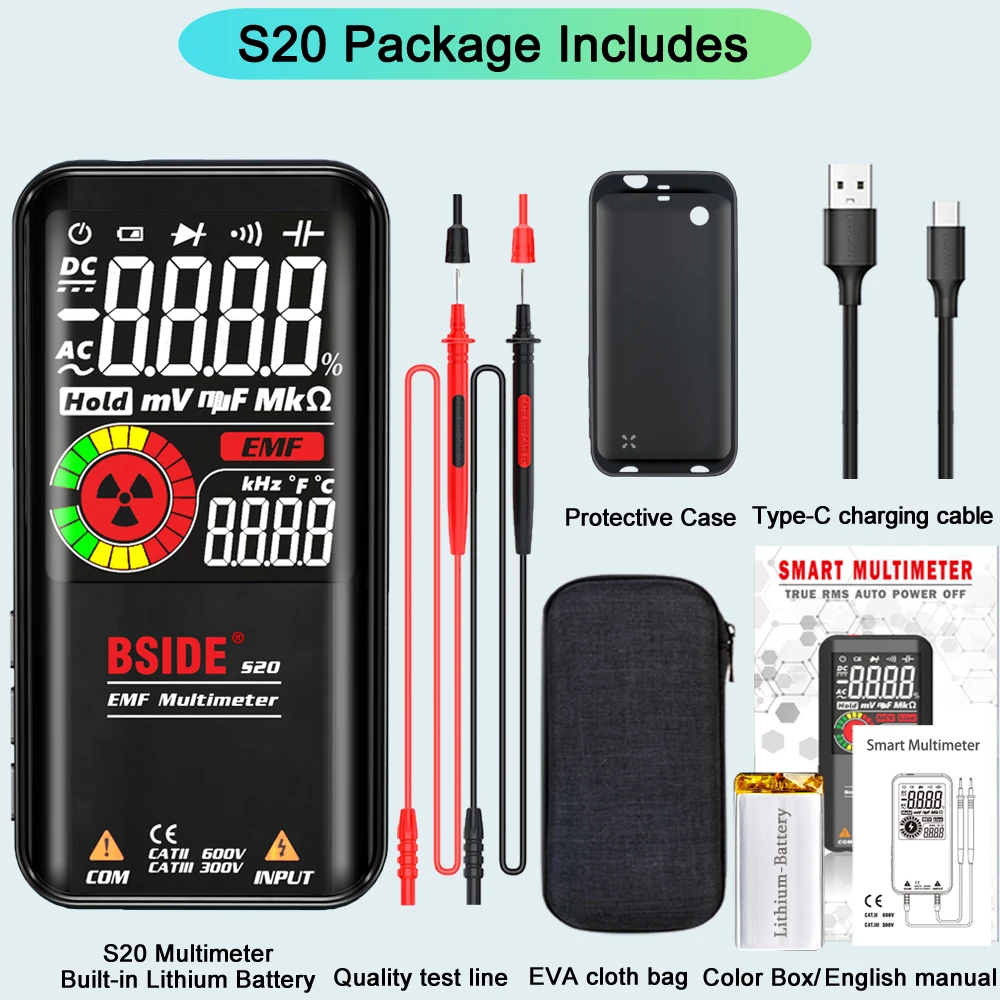 

BSIDE 9999 counts Smart multimeter Professional Digital Multimeter DC AC Voltage Capacitor Ohm Diode NCV Hz Live wire Tester