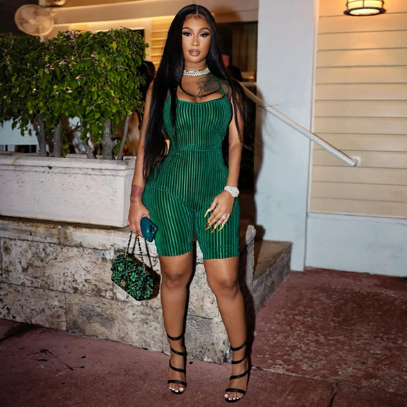 

Lace Up Halter Women Stripe Velvet Backless Playsuit Skinny Sexy Streetwear Sportswear 2022 Summer Clothes Rompers