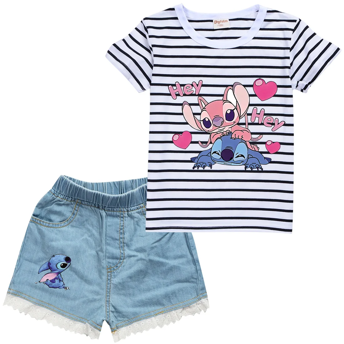 

2022 Casual Disney Stitch Boys Summer Cartoon Printed Stripes Set Short Sleeve T Shirt Top + Jeans Shorts 2 Baby Girl Costumes