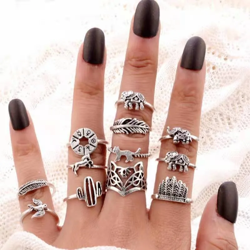 

Ins Punk Cat Elephant Swallow Animal Ring Set Women Men Gothic Hip Hop Feather Leaf Hollow Rings Set Jewelry Christmas Gift