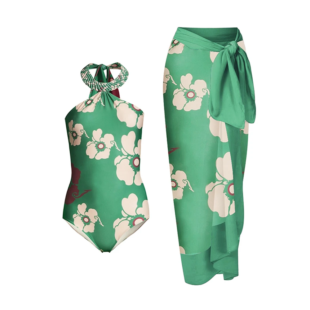 

Women's Swimwear 2023 Green Floral Print Swimsuit One Piece Lace-up Sleeveless Push Up Bikini New Girl Beachear Bathing Suits