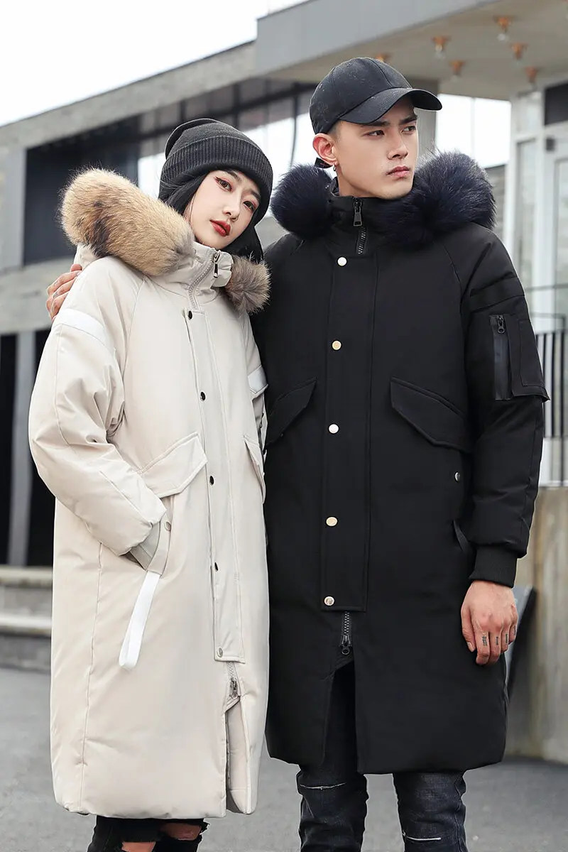 Men's down jacket in the long autumn and winter simple new white eiderdown thickened trend cargo lovers cotton-padded men