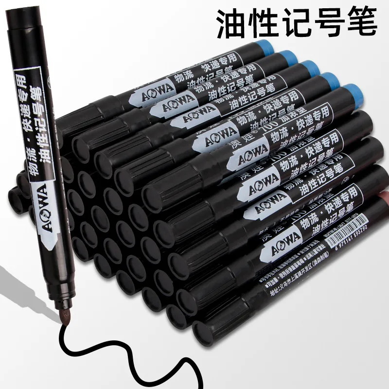 

10pcs Black Marker Thick Head Large Capacity Oily Non Erasable Large Head Waterproof Non Fading, Logistics Express Pen