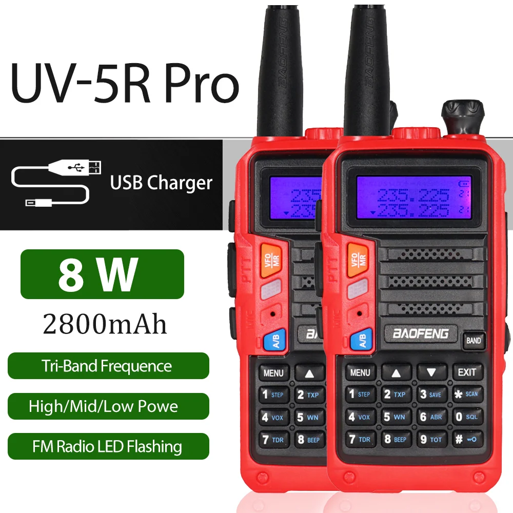 

2pc/set Tri-Band Baofeng Walkie Talkie UV5R Pro 220-260MHz Portable Two Way Ham Radio 8W HF FM Transceiver USB Rapid Charge