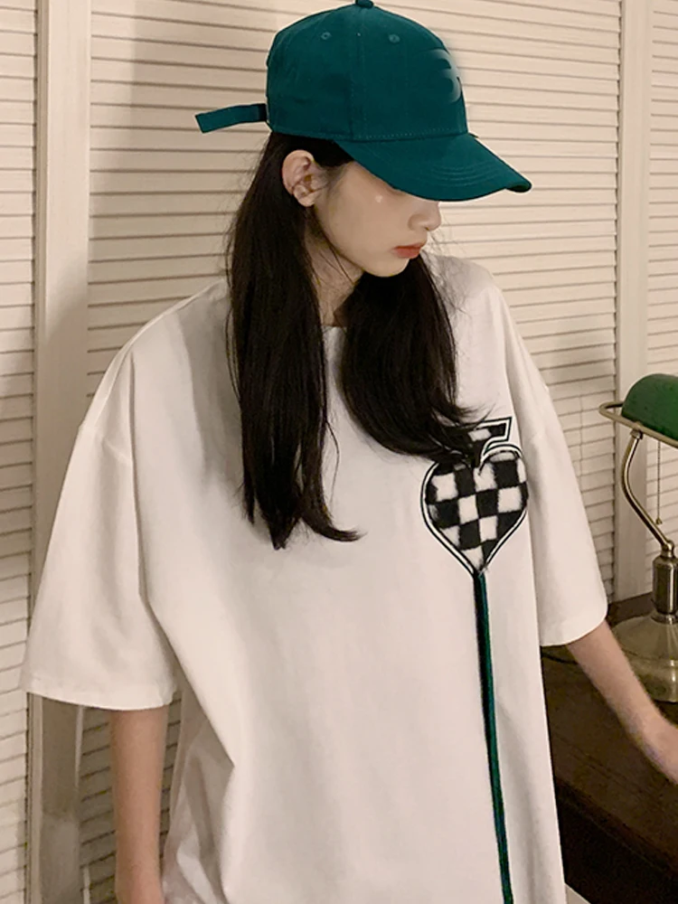 

Женская футболка с круглым вырезом, Повседневная Свободная хлопковая Футболка с трехмерным коротким рукавом, топы белого и черного цвета, ж...