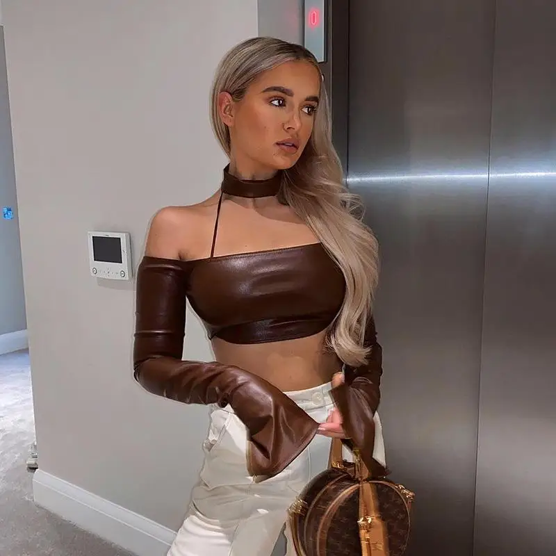 2022 Chaquetas Chaqueta Mujer Pu Leather Spring New Scarf Long-Sleeved Tail Split One-Shoulder Leather Top Women's Clothing