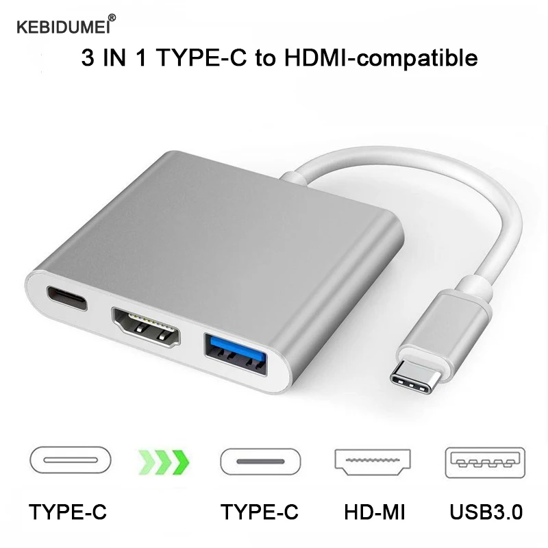 3 IN 1 USB C to HDMI-compatible Adapter TYPE-C Male to HDMI-compatible USB 3.0 Type C Female Converter HD-MI Adapter USB HUB