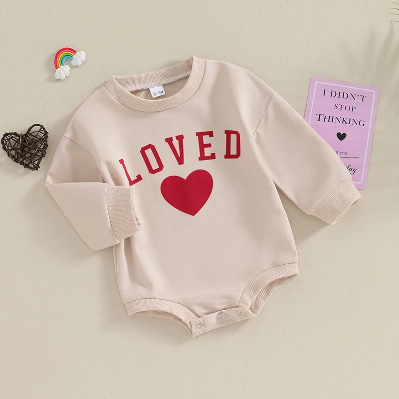 

Newborn Baby Boy Girl Valentines s Day Outfit Loved Long Sleeve Sweatshirt Bubble Romper Oversized Sweater Romper