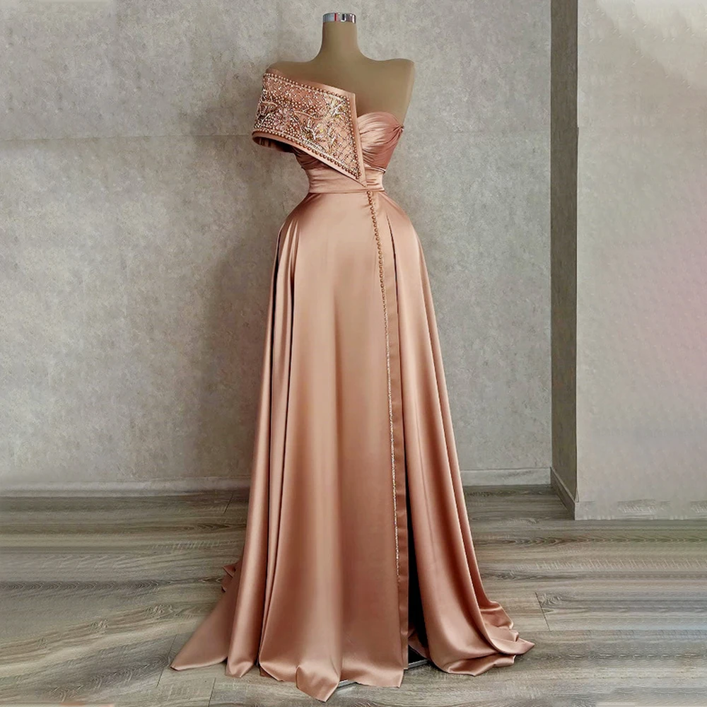 

Luxury Evening Dresses for Women Beading Off The Shoulder Stunning Prom Dress Long High Slit Sleeveless Sexy Party Gowns Satin
