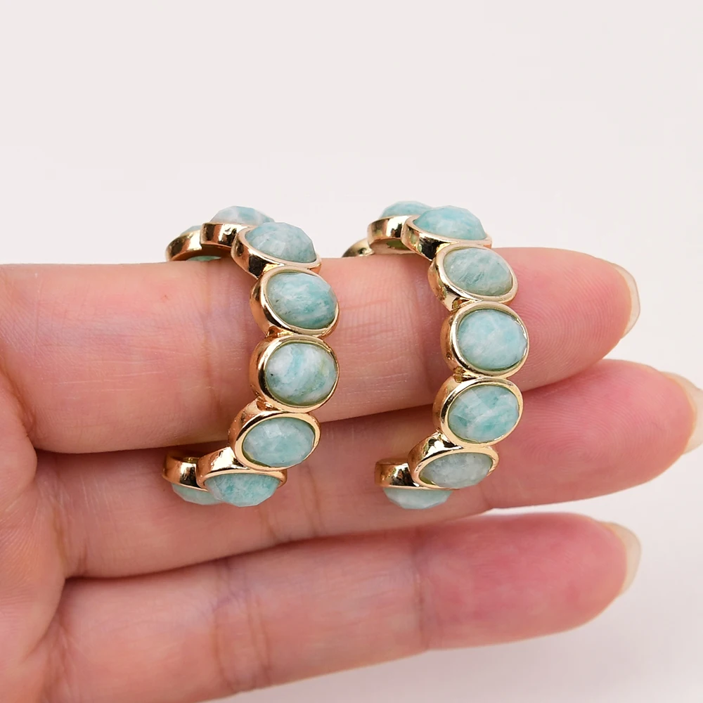 Серьги-кольца с натуральным зелёным амазонитом позолоченные