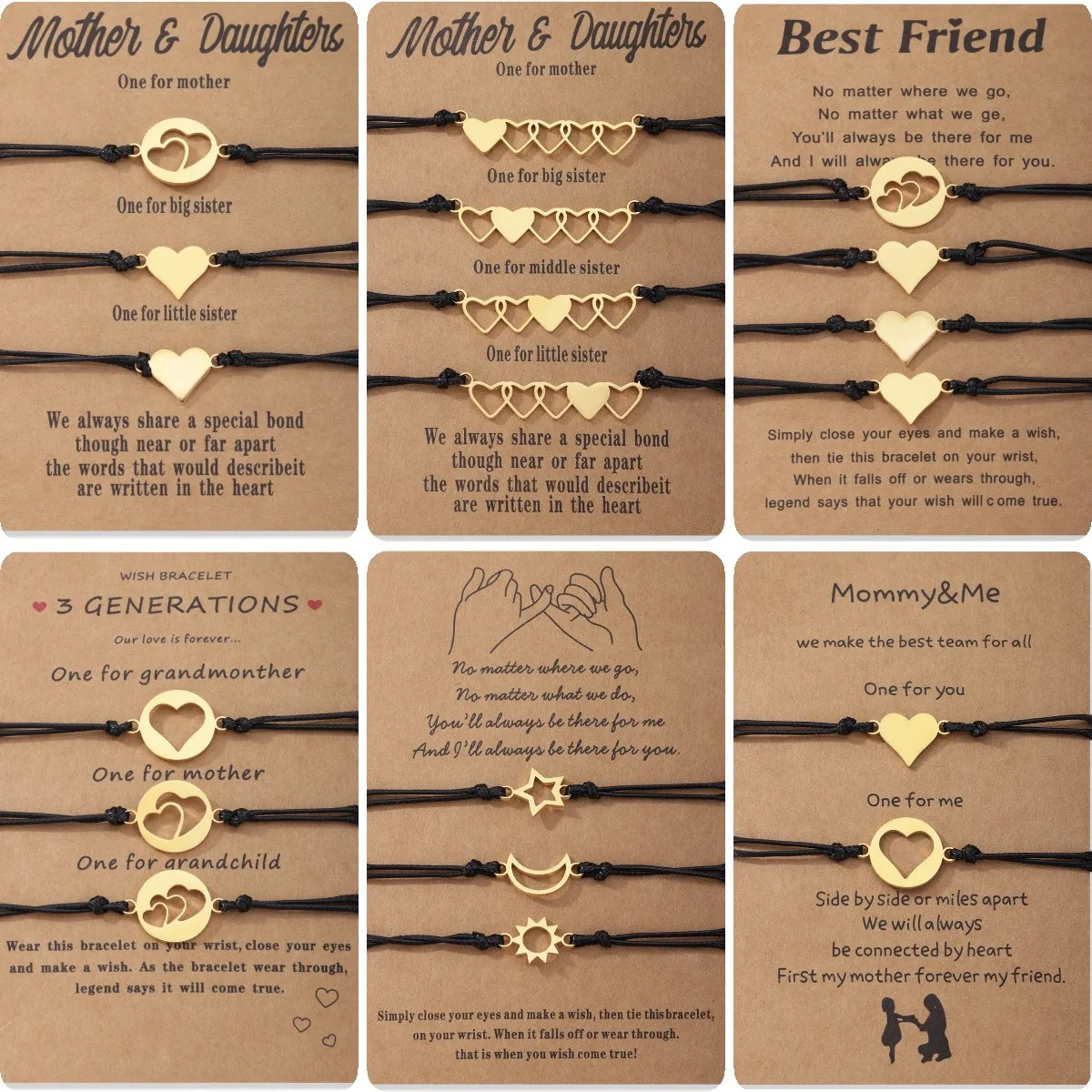 

1Set Mother Daughter Bracelets Friendship Best Friend Rope Chain Bracelet Cards Lover Engagement Gift Heart Christmas Jewelry