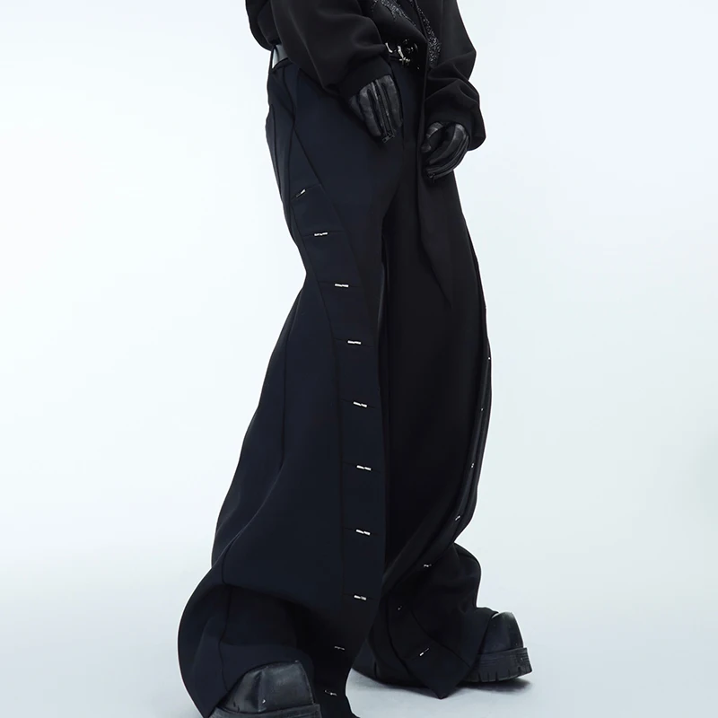 FEWQ Нишевые мужские брюки с металлическим дизайном свободные повседневные