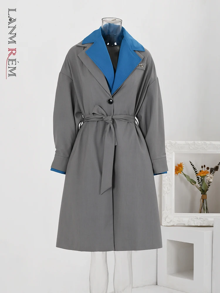 

LANMREM Vintage Contrast Color Trench Coat Women Lapel Belt Single Breasted Mid Length Windbreaker 2023 Autumn New 2R4839