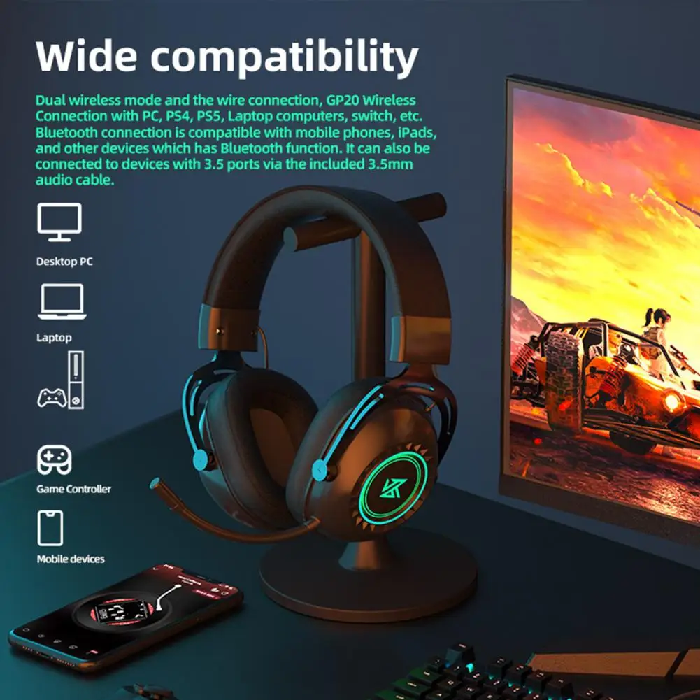 

High Fidelity Lightweight Mega Bass Bluetooth-compatible5.0 2.4G Gaming Dynamic Headset Headphone Computer Accessories
