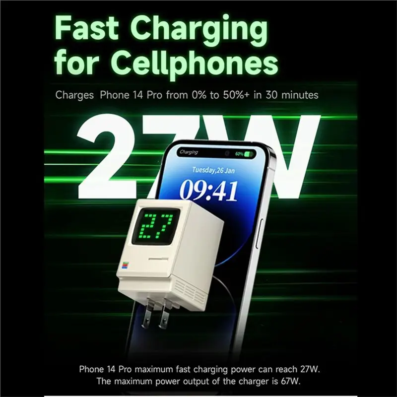 Фото Быстрое зарядное устройство 67W Retro Gan с цифровым дисплеем и 3 портами USB-C для планшетов и смартфонов, вилка стандарта США №4
