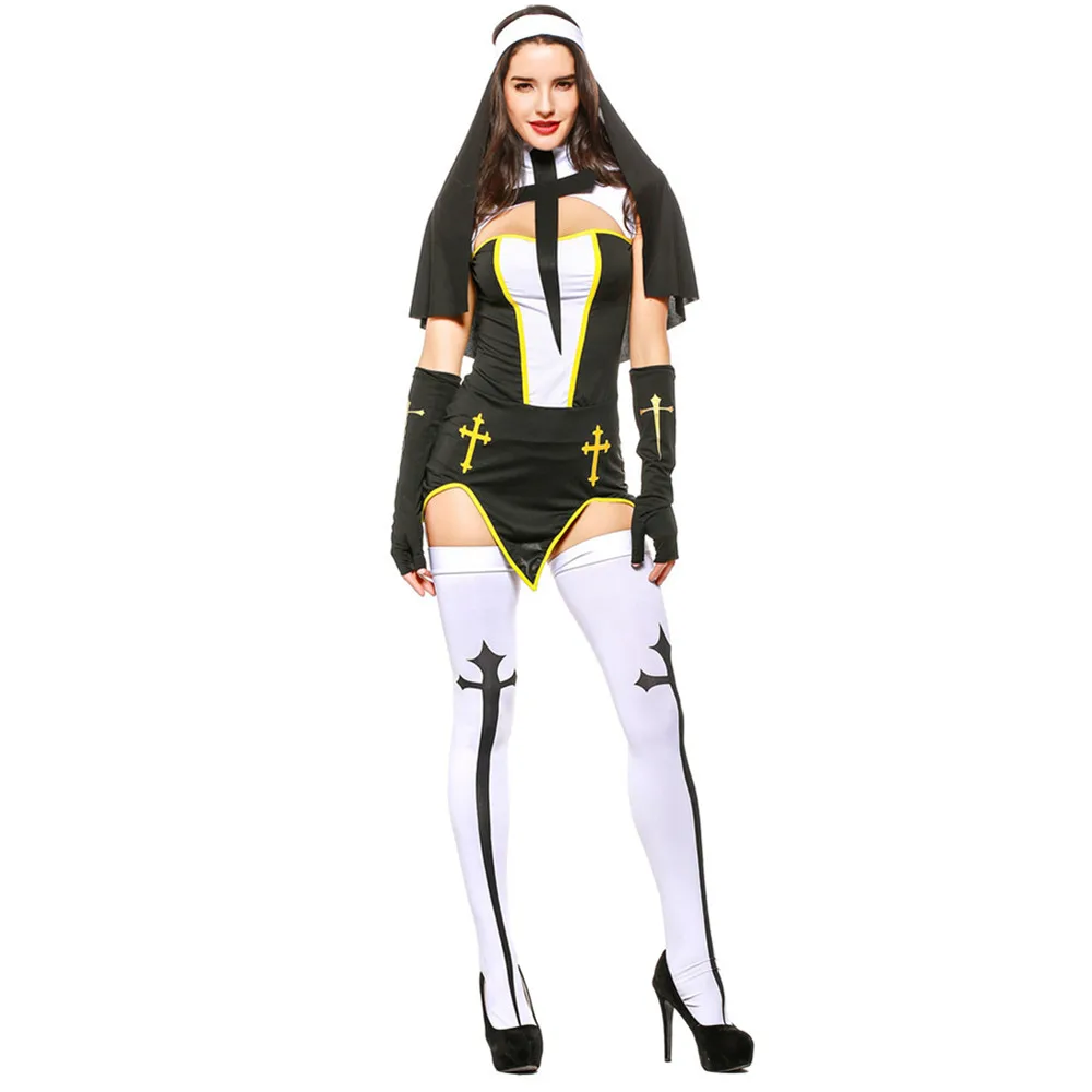 

Black Slim Sexy Nun Costume Adult Women Cosplay With Stockings Black Hoodie For Halloween Sister Cosplay Party Dress