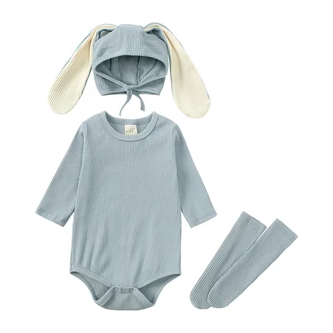2024 Пасхальный Детский комбинезон с кроликом, шапка с ушками, боди, носки, однотонный хлопковый комбинезон, милая Корейская одежда для маленьких мальчиков и девочек 0-24 месяца