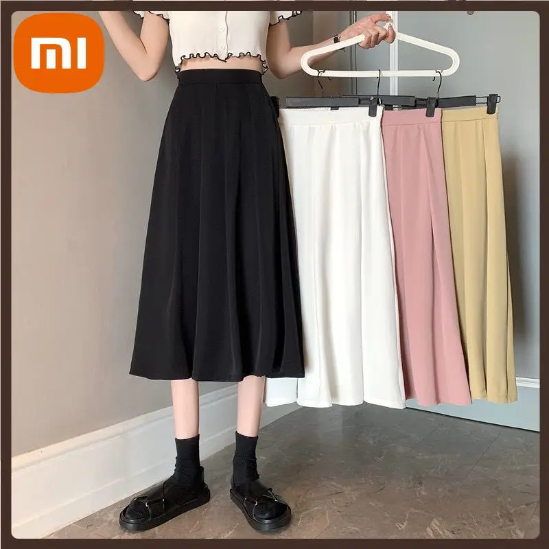 

Xiaomi White Pleated Long Skirt Women Korean Fashion Casual High Waist A-line Midi Skirt for Girls Elegant Office Wear Women