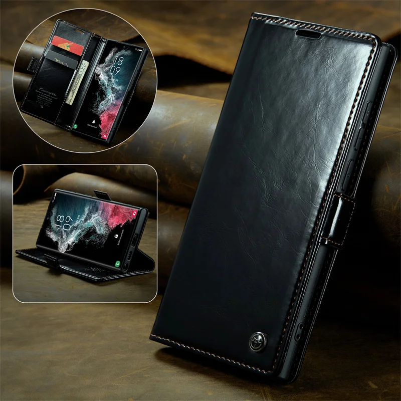 

Caseme Vintage glossy Leather Flip Wallet Case For Samsung Galaxy S22 S23 Ultra Note20 Ultra Note10+ Magnetic Cover