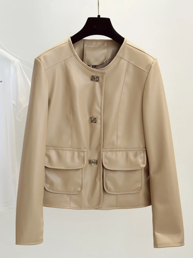 

Fitaylor/Новинка; Сезон весна-осень; Женское винтажное приталенное короткое пальто из искусственной кожи с круглым вырезом; Женская Модная элегантная однобортная куртка из искусственной кожи