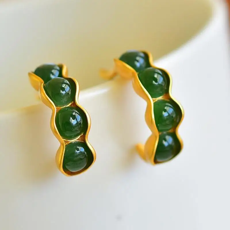 

100% Grade A Green Jade Pea Pod Earring 925 Sterling Silver Nephrite Hetian Jades Golden Pod Dangle Earrings Women Fine Jewelry