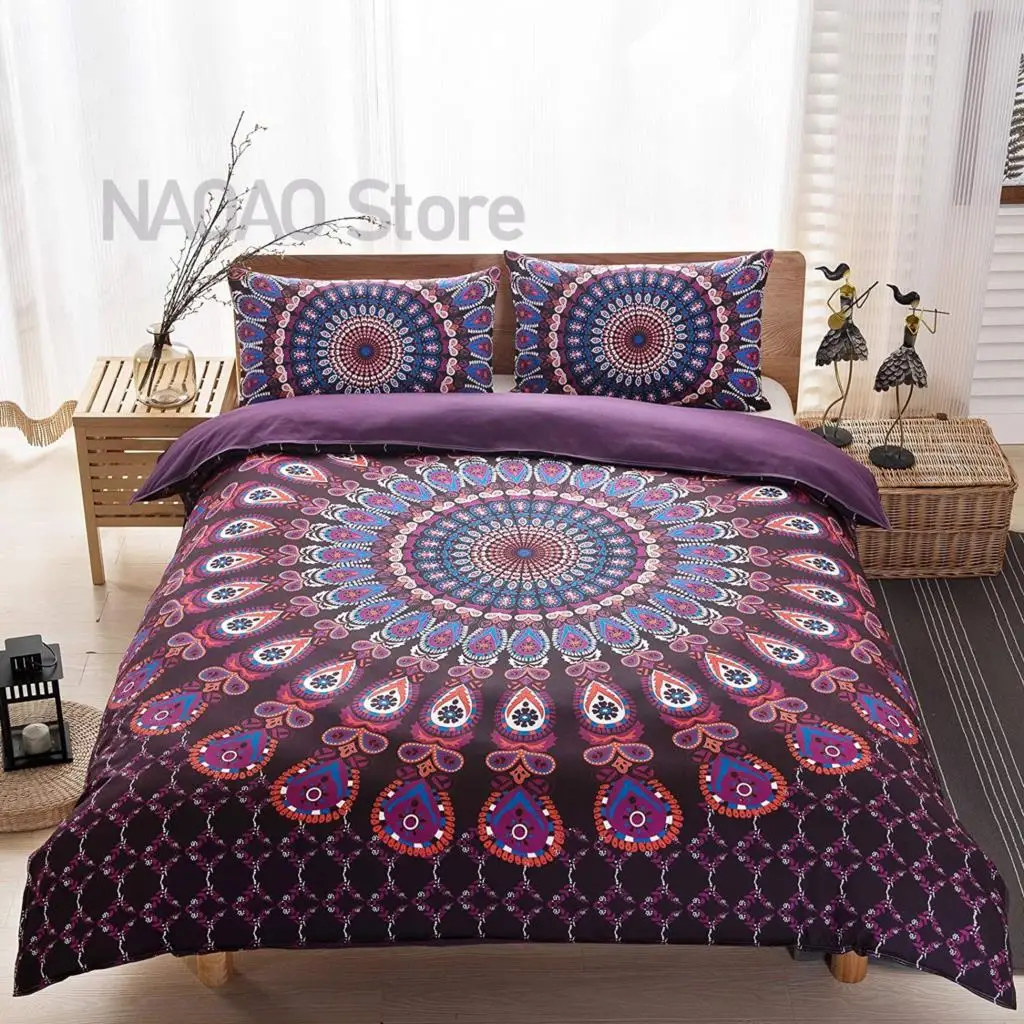 

Mandala Bedding Set Purple Bohemian Duvet Cover Microfiber Boho Hippie Floral Comforter Set Queen King Size with Pillowcases