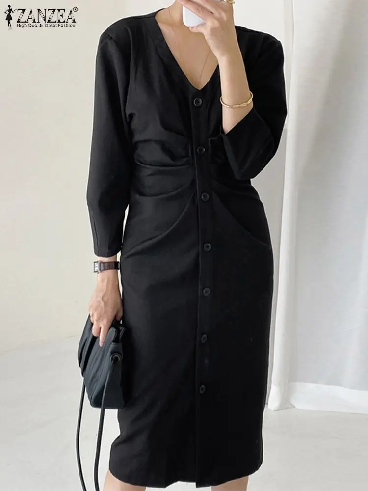 

ZANZEA 2023 осенние женские платья с V-образным вырезом, винтажные платья на пуговицах с длинным рукавом, длинное платье средней длины с рюшами спереди, повседневное свободное однотонное платье