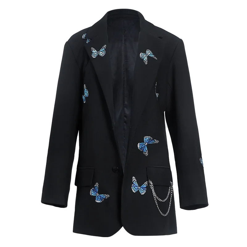 

Black Butterfly Embroidery Blazer Women Mid Length Single Breasted Chic Suit 2021 Spring Autumn Star Style Blazer Street Fashion