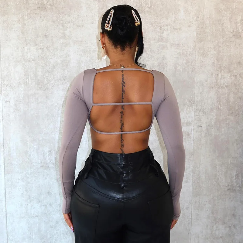 Сексуальные женские облегающие рубашки с вырезами на спине топы длинным рукавом