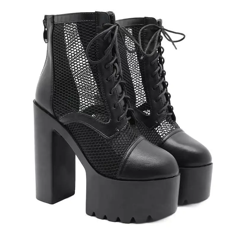 Women Hollow-out High-heeled Boots Mesh Breathable Platform Boots Personalized Party High-heeled Shoes Versatile Women's Sandals