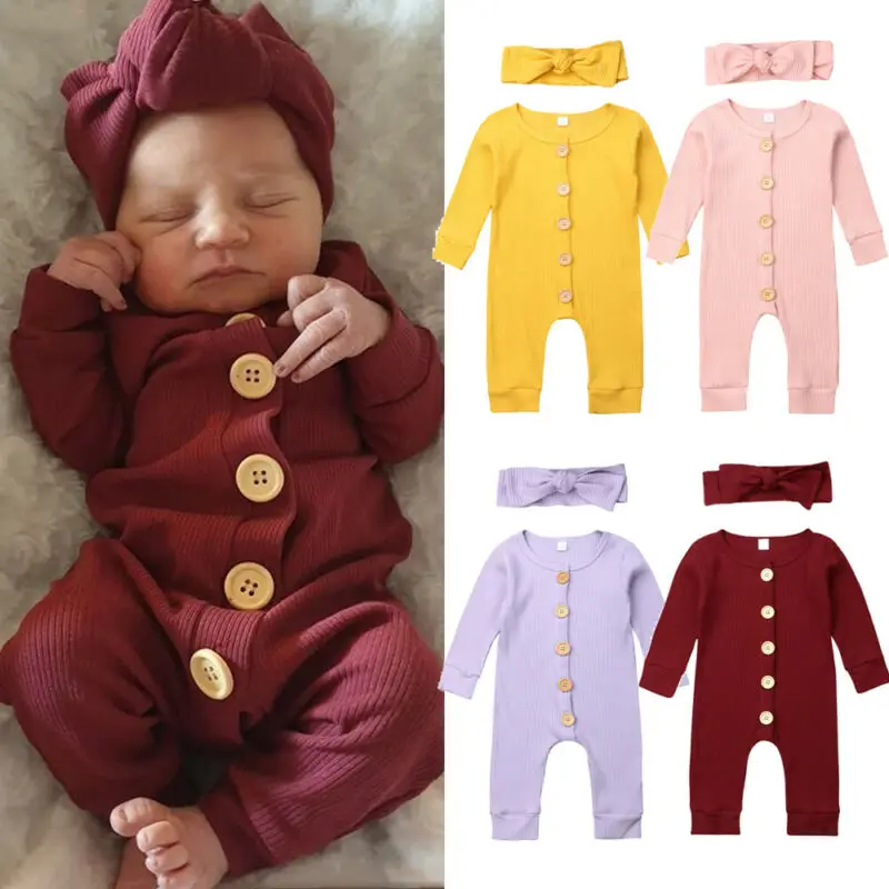 

New Knitted Solid Jumpsuit Autumn Baby Clothes Boys Long Sleeve Rompers Headband Kids Outfits Girl 2PCS Set Newborn Rompers
