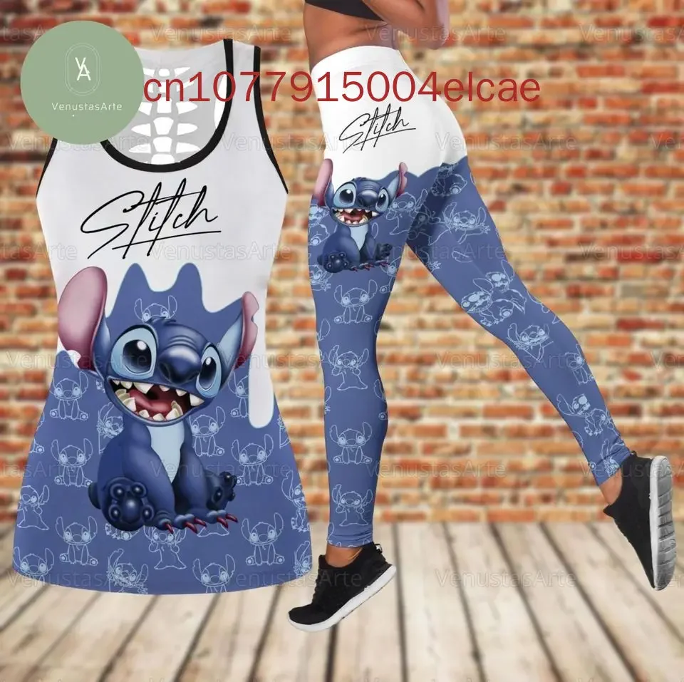 Женские полые майки Disney Stitch комплект для йоги летние леггинсы фитнеса спортивный