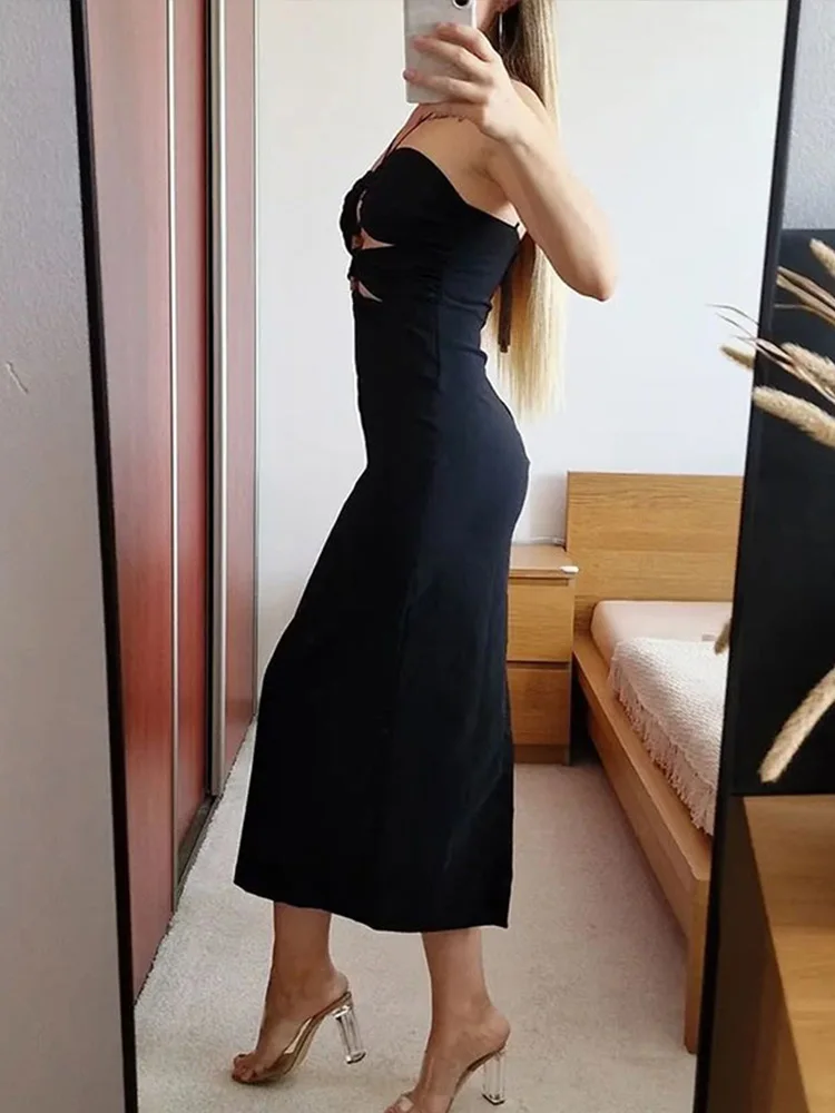 Женское сексуальное ажурное платье на бретельках элегантное однотонное черное