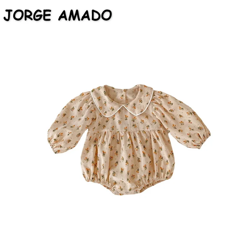 

New Autumn Clothes for Baby Girl Bodysuit Apricot Floral Long Sleeves Peter Pan Collar Jumpsuit Newborn Clothes E2203