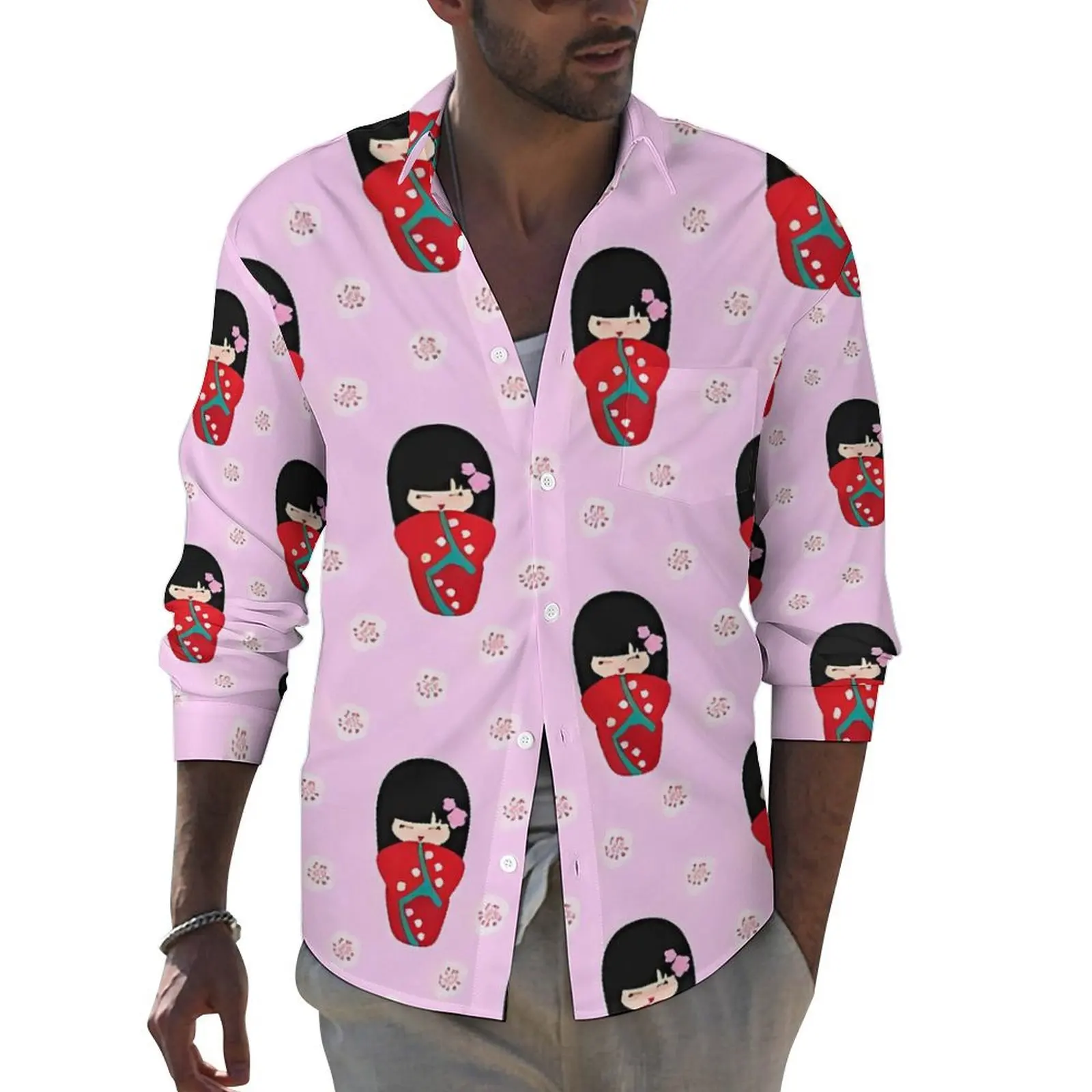 Japanese Dolls Street Casual Shirt Man Red Kokeshi Spring Vintage Blouses Long Sleeve Printed Oversized Clothing