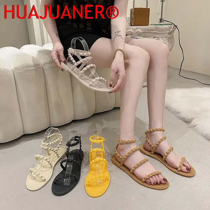 

Women Sandals 2022 New Summer Feamle PVC Flat Roud Toe Light Shoes Ladies Solid Buckle Straps Rivet Jelly Causal Footwear