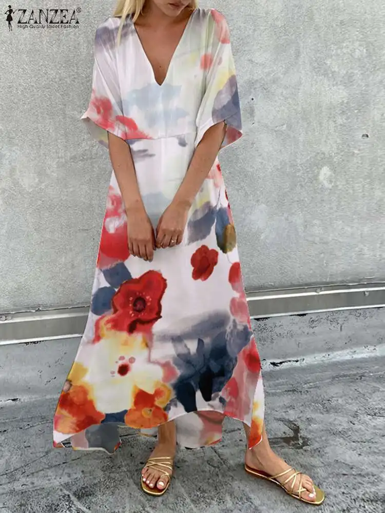 

ZANZEA Casual Fashion Vestidos Bohemian Oversize Sundress Half Sleeve Loose Long Dress V-neck Summer Women Printed Holiday Robe