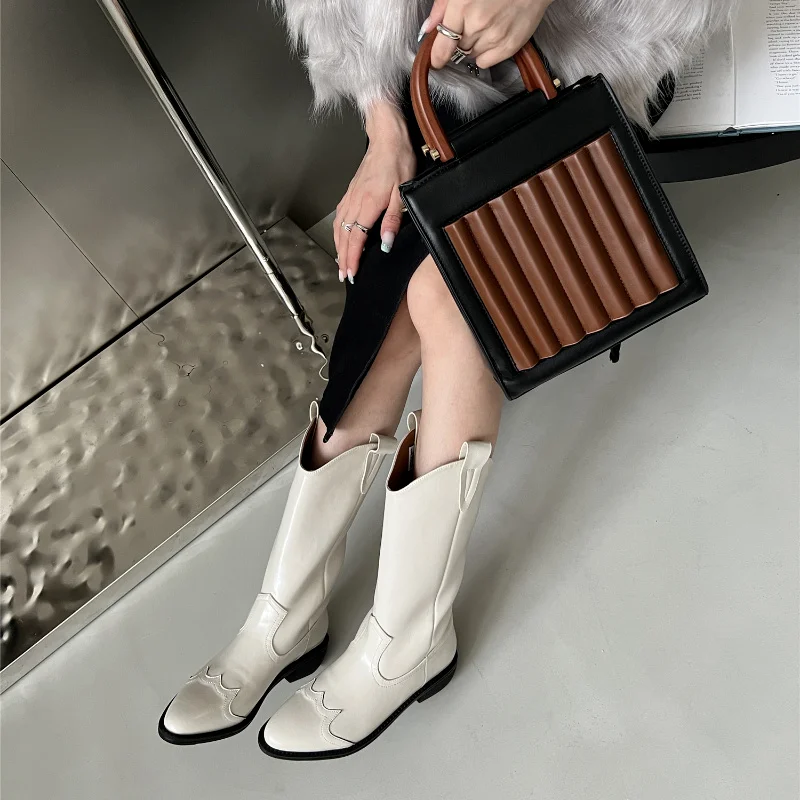 

NEWSpring and Autumn Retro Pointed Toe Thick Heel Sleeve Western Cowboy Boots Women's 2022All-match Thin Long Boots Trend Boots