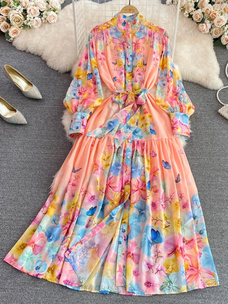 

FMFSSOM весенне-осеннее повседневное однобортное тонкое однобортное платье трапециевидной формы с принтом модные элегантные платья с поясом