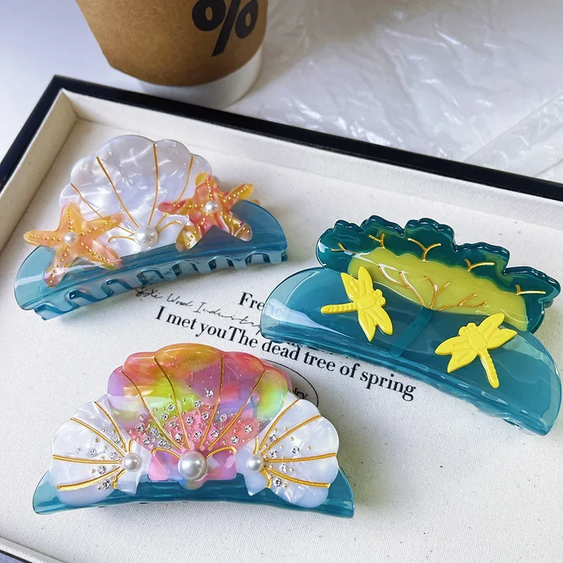 

2023 New Design Starfish Marine Acetate Hair Clips High Texture Cute Pearl Shell Hair Claws Magic Dragonfly Hair Accessories
