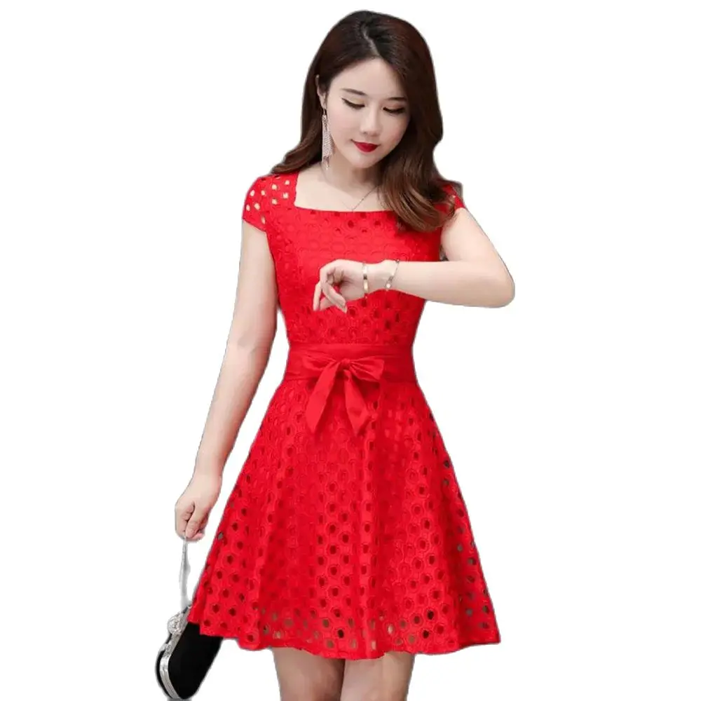 Женское длинное платье с кружевной талией красное повседневное свободное