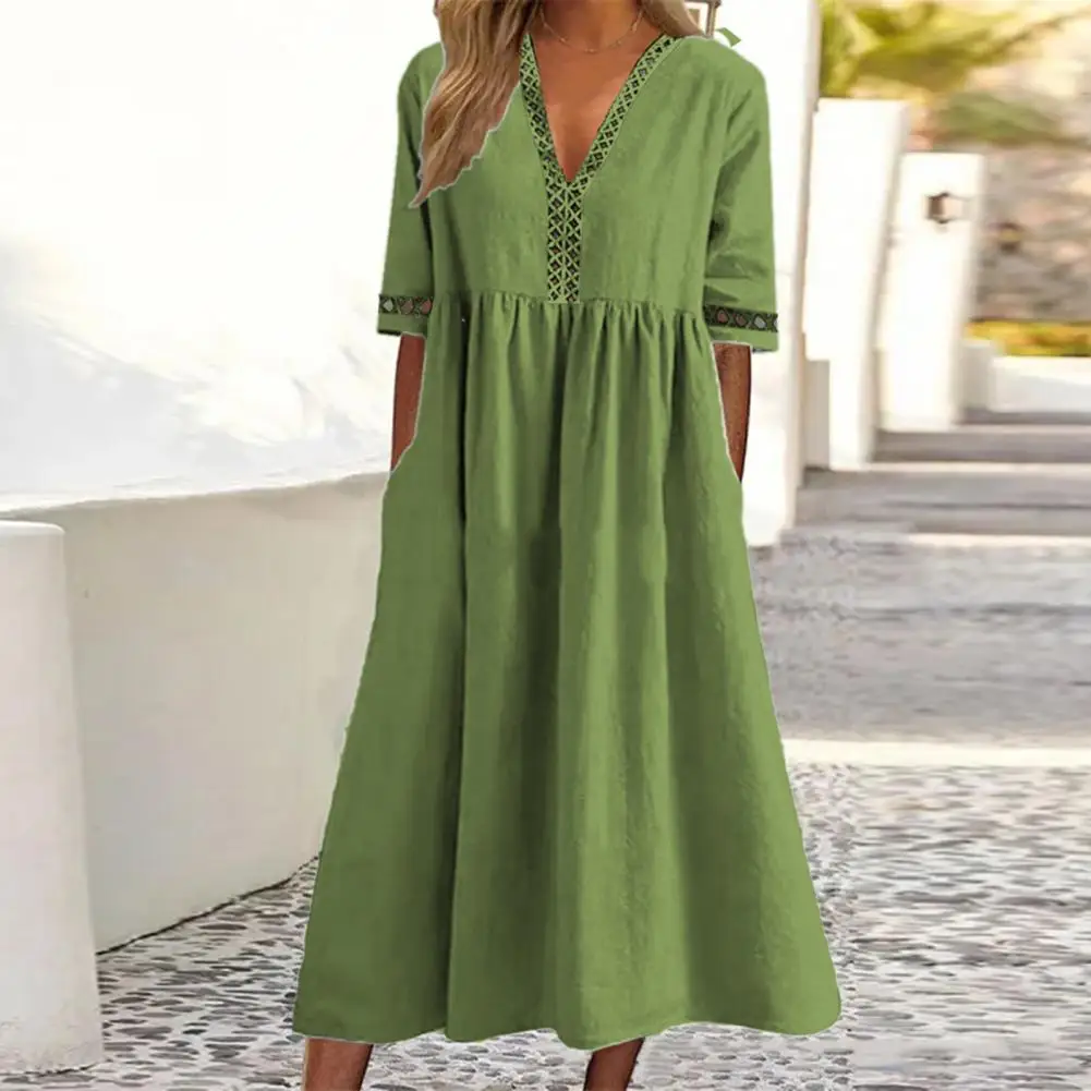 

V-Neck Dress Women Casual Female Flare Half Sleeve Leisure Dresses Vacation Loose Knee Length Vestidos