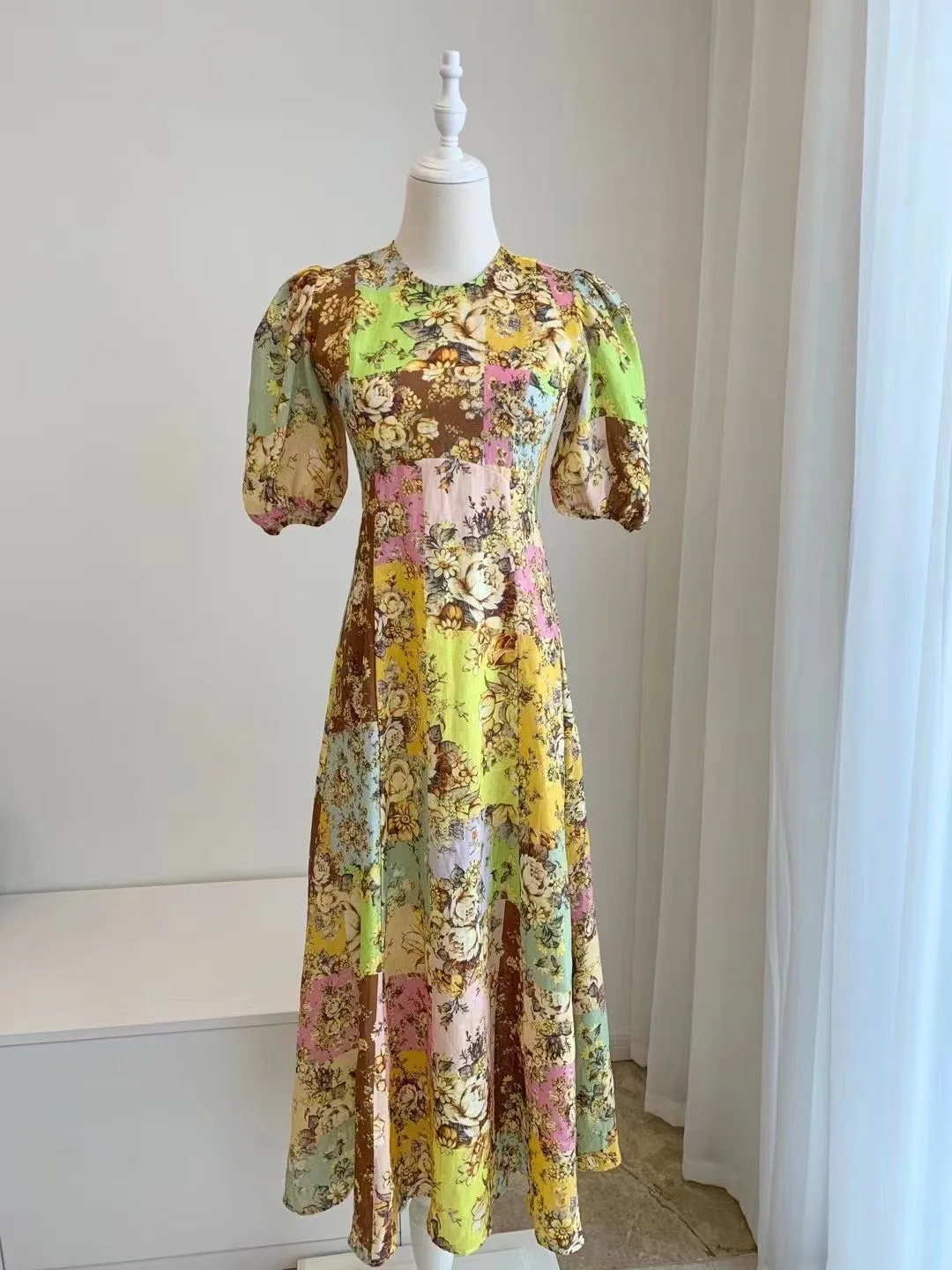 

Women O-Neck Short Sleeve Retro Floral Print Midi Linen Dress