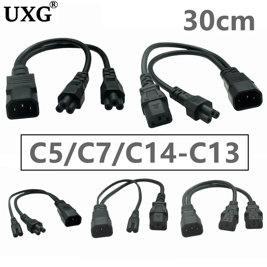 

IEC320 C14 C8 To 2X C7 C5 C13 Y Split AC Power Cord, IEC Figure 8 Male To 2 Female 1 In 2 Out AC C7 C8 C5 Power Cable 30cm Black
