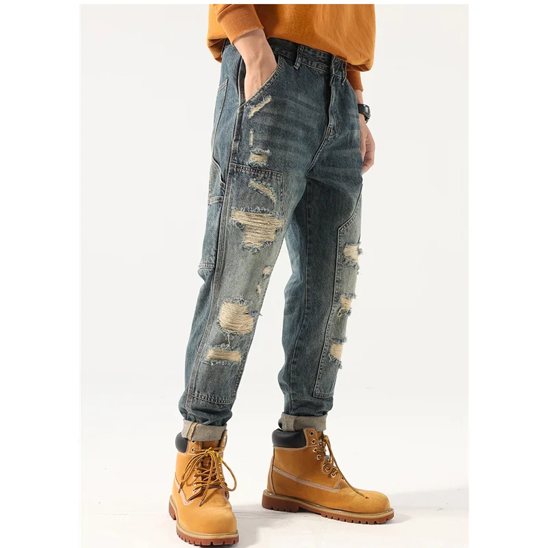 Streetwear Men 2022 New Pattern American Hole Blue Jeans Vintage Loose Recreational Straight Cylinder Trousers Autumn Female