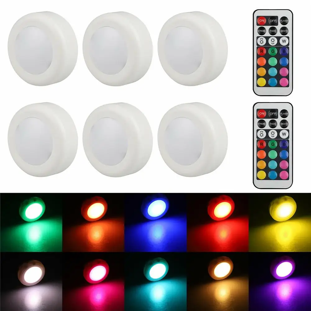 

6 Pack Rgb Led Puck Lights 12 Colors Wireless Night Light With Remote Control For Under Cabinet